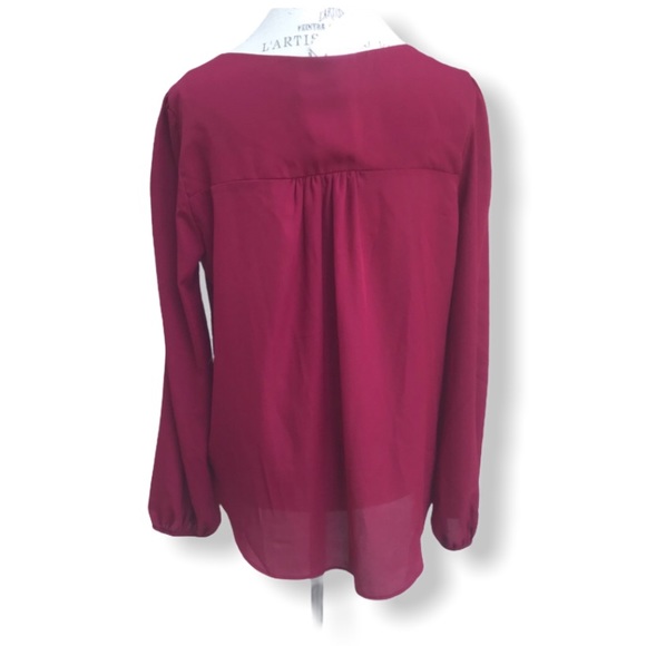 Burgundy Red Semi-Sheer V-Neck Pleated Tunic Top - Picture 2 of 6